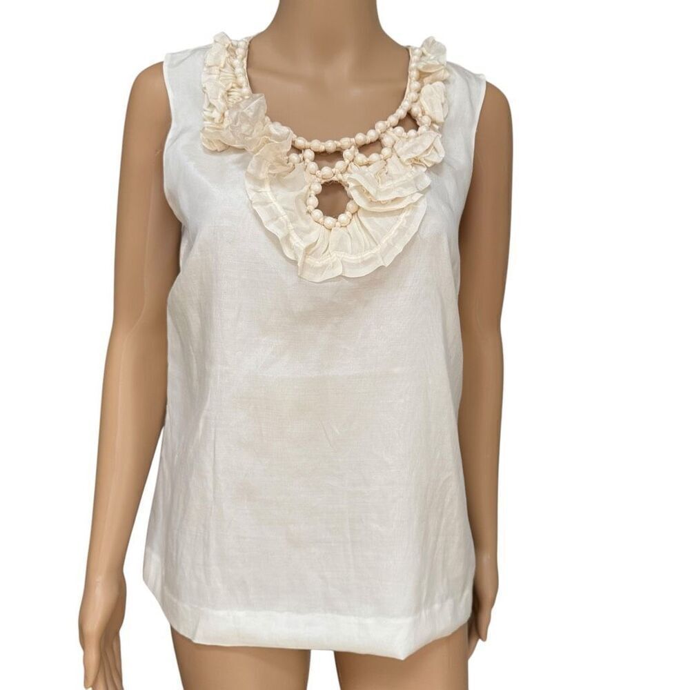 J. Crew Women's Ivory Cotton Silk Ruffled Beaded Neckline Victorian Blouse Sz 6